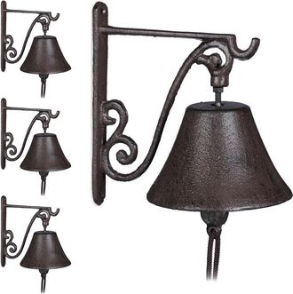 Relaxdays 4 Campanas Puerta Hierro Fundido, R&uacute;sticas, Sonido Fuerte, Campanas Para Entrada, Decoraci&oacute;n Jard&iacute;n, Resistentes, Marr&oacute;n