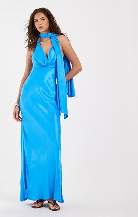 Asos vestito maxi in raso con scollo ad anello e sciarpa, color aqua-Blu
