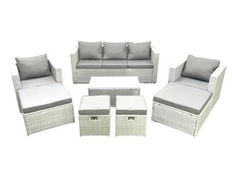 Fimous 8 Pieces Rattan Garden Furniture Set Outdoor Garden Sofa Chair Coffee Table Set with 4 Footstools Light Grey Mixed