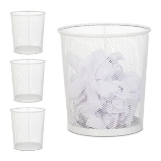 Relaxdays Set 4 Papeleras De Rejilla De Alambre, Cubo Papeles Dormitorio, Redondo, Sin Tapa, Residuos Pl&aacute;stico, 28x26 Cm, Blanco