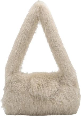 Generic Womens Plush Bags Fluffy Womens Plush Handbag Casual Shoulder Bags Tote Purse With Detachable Strap For Dating Shopping Party(Khaki)