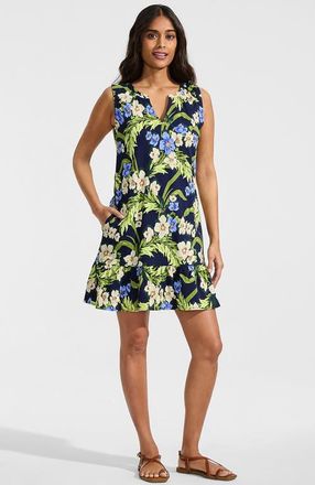 Lands End Sleeveless Cotton Jersey Notch Neck Flounce Dress in Deep Sea/blue Floral Tropic at Nordstrom, Size X-Small P
