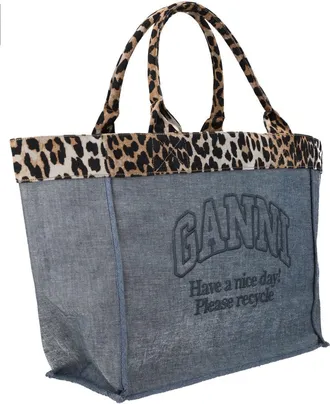 Ganni Womens Tote Bag With Logo Denim Handbags Hand