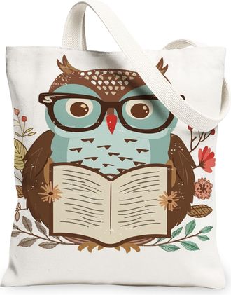 Generic Owl Canvas Tote Bags, Cute Animal Pattern Reusable Grocery Bags, All Season Vintage Lightweight Washable Shoulder Strap for, White, 13x15 Inch