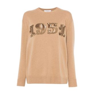 Max Mara Truien & Vesten, Dames, Bruin, M, Wol, Camelbruine trui van wol-cashmere met paillettendetails