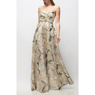 The Dessy Group Alden Metallic Plumeria Strapless Organza Gown in Plumeria Floral Print at Nordstrom, Size 12