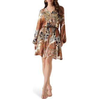 Marciano Gwenda Long Sleeve Mixed Print Dress in Brown Multi at Nordstrom, Size 10 Us