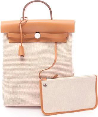 Herm&egrave;s Beige Brown Ecru Toile H Leather Backpack (Pre-Owned)
