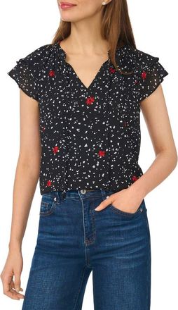 CeCe by Cynthia Steffe Floral Dot Flutter Sleeve Split Neck Top in Rich Black at Nordstrom, Size Xx-Large