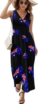 Generic Australia Map Flag Maxi Dresses for Women Fashion Summer Casual Sleeveless Beach V Neck Sundresses A Line Skirt 2XL