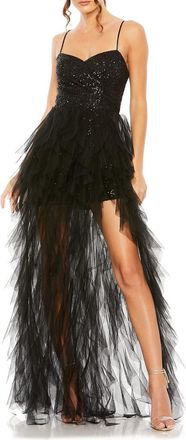 Mac Duggal Ruffle High Low Tiered Train Sequin Mini Dress in Black at Nordstrom, Size 10