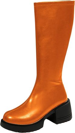 Generic Womens Knee High Boot Square Toe Platform Chunky Heel Stretchy Tall Boots Wide Leg Mid Calf Full Zip Long Boot Stage Performance Footwear Fashion Dres