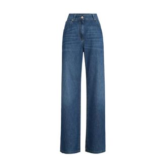 Brunello Cucinelli Lightweight Denim Baggy Trousers with Monili - female - Brunello Cucinelli - Wide Jeans - Blue - M - Jeans