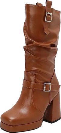 Generic Womens Retro Mid Calf Boots Round Toe Super High Thick Heel Platform With Easy Slip On Design Casual Tall Booties