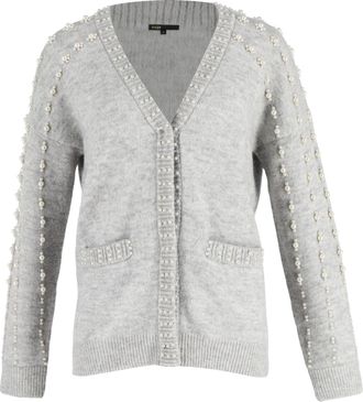 Maje Pearl-Embellished Cardigan with Pockets in Grey Acrylic