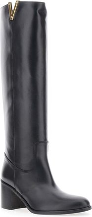 Via Roma 15 Womens Black Knee-High Boots With Cut-Outs Cow