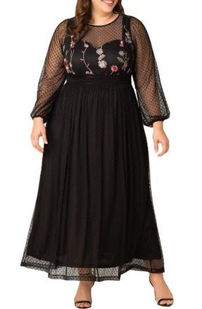 Kiyonna Mystique Embroidered Bodice Long Sleeve Mesh Gown in Black Multi at Nordstrom Rack, Size 2X