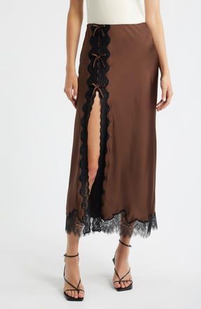 LoveShackFancy Calder Lace Trim Satin Midi Skirt in Chocolate Brown at Nordstrom, Size Large