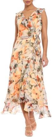 London Times Ruffle Faux Wrap Midi Dress in Soft White/Grey at Nordstrom Rack, Size 10