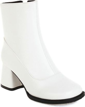 Generic Womens Square Toe Ankle Boots with Side Zipper & Chunky Block Heel for a Stylish Look,White,5.5 UK