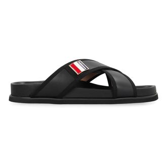 Thom Browne Sliders, male, Black, Size: 9 1/2 US Leather Slides with Grosgrain Ribbon Details