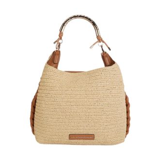 Lola Casademunt Raffia-effect Contrast Tote Bag With Cutwork Logo Strap - female - Lola Casademunt - Handbags - Beige - ONE SIZE - Bags