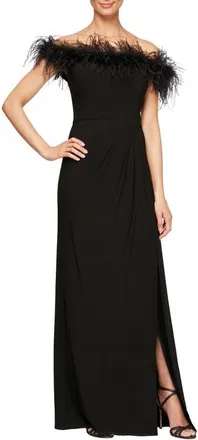 Alex Evenings Feather Trimmed Off the Shoulder Gown in Black at Nordstrom, Size 16