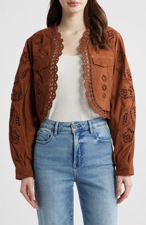 Farm Rio Richilieu Embroidered Genuine Leather Crop Jacket in Caramel at Nordstrom, Size Xx-Small