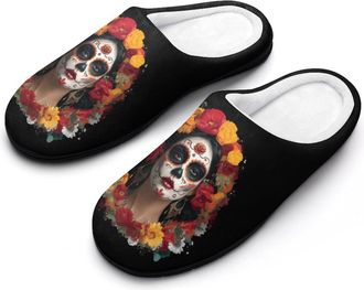 Generic Mexico Dia De Los Muertos Mens House Slippers Memory Foam Washable Cotton Slip on Home Shoes
