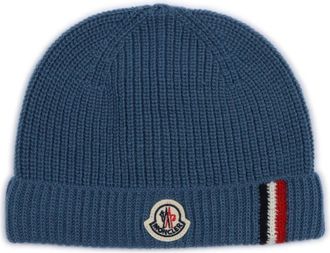 Moncler Wollen muts met driekleurige bies - unisex - Accessoires - Blauw - Maat: 2XS Wol