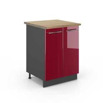 Vicco Mueble Bajo De Cocina Fame-line, Rojo Burdeos Alto Brillo, 60 Cm, Et Roble, Vicco