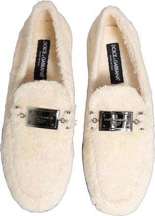 Dolce & Gabbana White Fur Shearling Men Dress Loafers Shoes Cotton