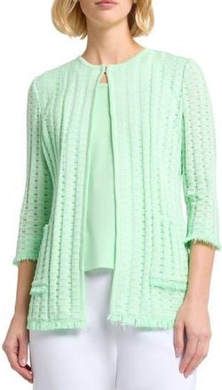 Misook Heritage Fringe Trim Tonal Burnout Knit Jacket in Paradise Green at Nordstrom Rack, Size Medium