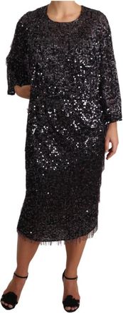 Dolce & Gabbana Zwarte Pailletten Shift Midi Jurk - Dames - Feestkleedjes - Zwart - M - Pailletten - Kleedjes