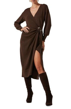 ASTR the Label Mazzy Long Sleeve Faux Wrap Sweater Dress in Brown at Nordstrom, Size Medium