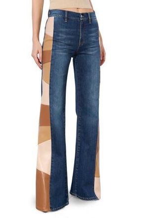 Alice & Olivia Faux Leather Patchwork High Waist Wide Leg Jeans in Darby Vintage Blue at Nordstrom Rack, Size 24
