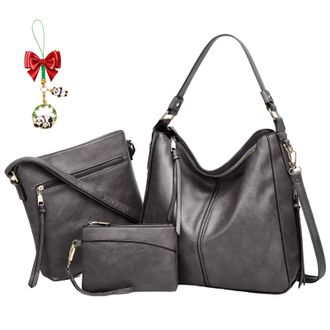 Generic Luxury Leather 3-Piece Hobo Bag Set, Soft Anti-Theft Crossbody Purse and Wallet Set, Shoulder Handbag for Women (Dark Gray)