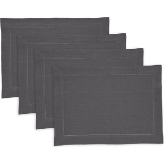 Solino Home Linen Placemats Set of 4, 14 x 19 Inch for Dining Table, Holiday and Everyday Table Decor - Medium Weight Hemstitch in Charcoal at