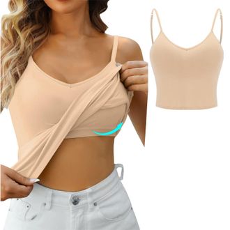 Generic HUIFUAO Camisole Tops for Women Built in Bra White Tank Top for Women Summer Cotton Basic Adjustable Spaghetti Strap Undershirt (Z07 Beige, M)