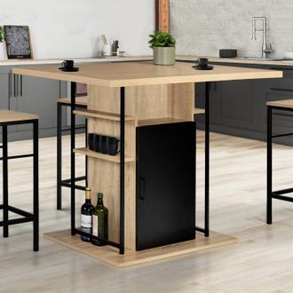IDMarket Isla Central Ugo De 110 Cm En Madera Negra E Imitaci&oacute;n Haya Con Armarios De Dise&ntilde;o Industrial