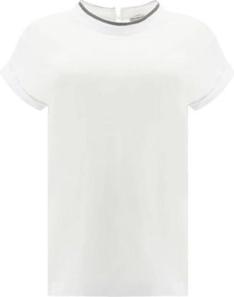 Brunello Cucinelli Monili-Neck Katoenen T-shirt - Dames - T-shirts - Wit - XL - Katoen - Tops