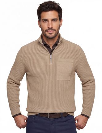 Profuomo half zip trui Profuomo beige effen normale fit borstzak