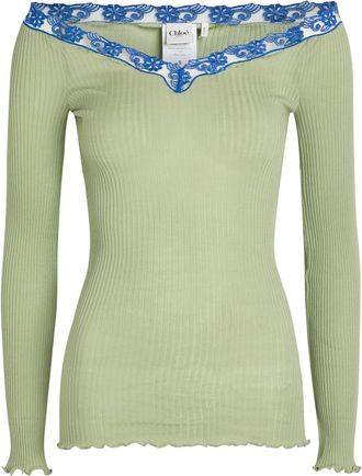 Chlo&eacute; Lace Trims Ribbed-knit Cotton and Silk-blend top - Green - S (UK8-10 / S)