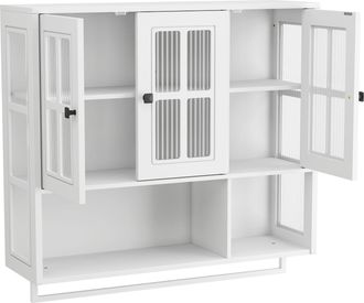 STILVORA Armario De Pared Para Ba&ntilde;o Con 3 Puertas, Vidrio Estriado Y Barra Toallero, En Mdf, Blanco, 88&times;26&times;82,5 Cm