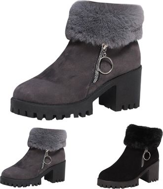 Generic Ladies Winter Boots Fashion Solid Color Zipper Thick Heel Warm Boots Short Boots Faux Fur Top Fleece Lined(Black, 4.5)