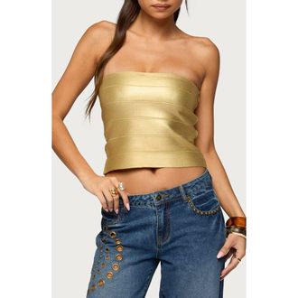 Edikted Cecilea Bandage Metallic Strapless Crop Top in Gold at Nordstrom, Size X-Small