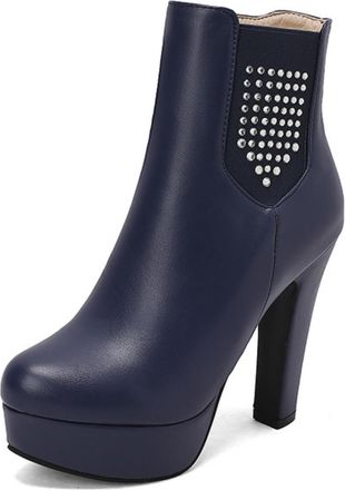 Generic Womens Rhinestone Studded Ankle Boots PU Leather Round Toe High Block Heels Platform Zip Closure Elastic Panel Stylish Durable Design,Blue,5.5 UK