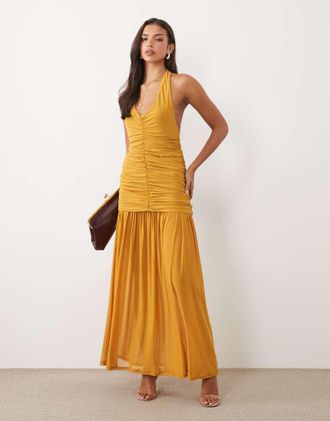 Asos vestito maxi con scollo allamericana, arricciato, con gonna trasparente, color senape-Giallo