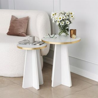 Dmora Mesa De Sal&oacute;n Cardito, Modular, Forma Redonda, Estructura Color Oro, 40x40x50h Cm Blanco