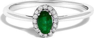 House of Brilliance 10K White Gold Oval and Diamond Accent Halo Birthstone Ring in Green Emerald at Nordstrom, Size 6.5